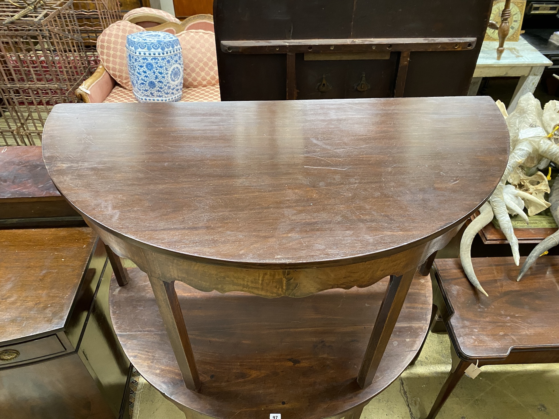A pair of George III mahogany D end table sections, width 122cm, depth 61cm, height 71cm